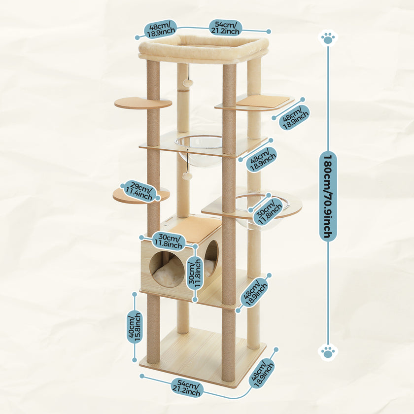 Modern Beige Wooden Cat Tree Tower with Acrylic Bowl & Cozy Top Bed – Luxury Cat Furniture Canada | Catopia Co.