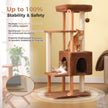 Stable wooden cat tree with natural wood support posts, tall sisal scratching posts, reinforced double-layer base, and large condo