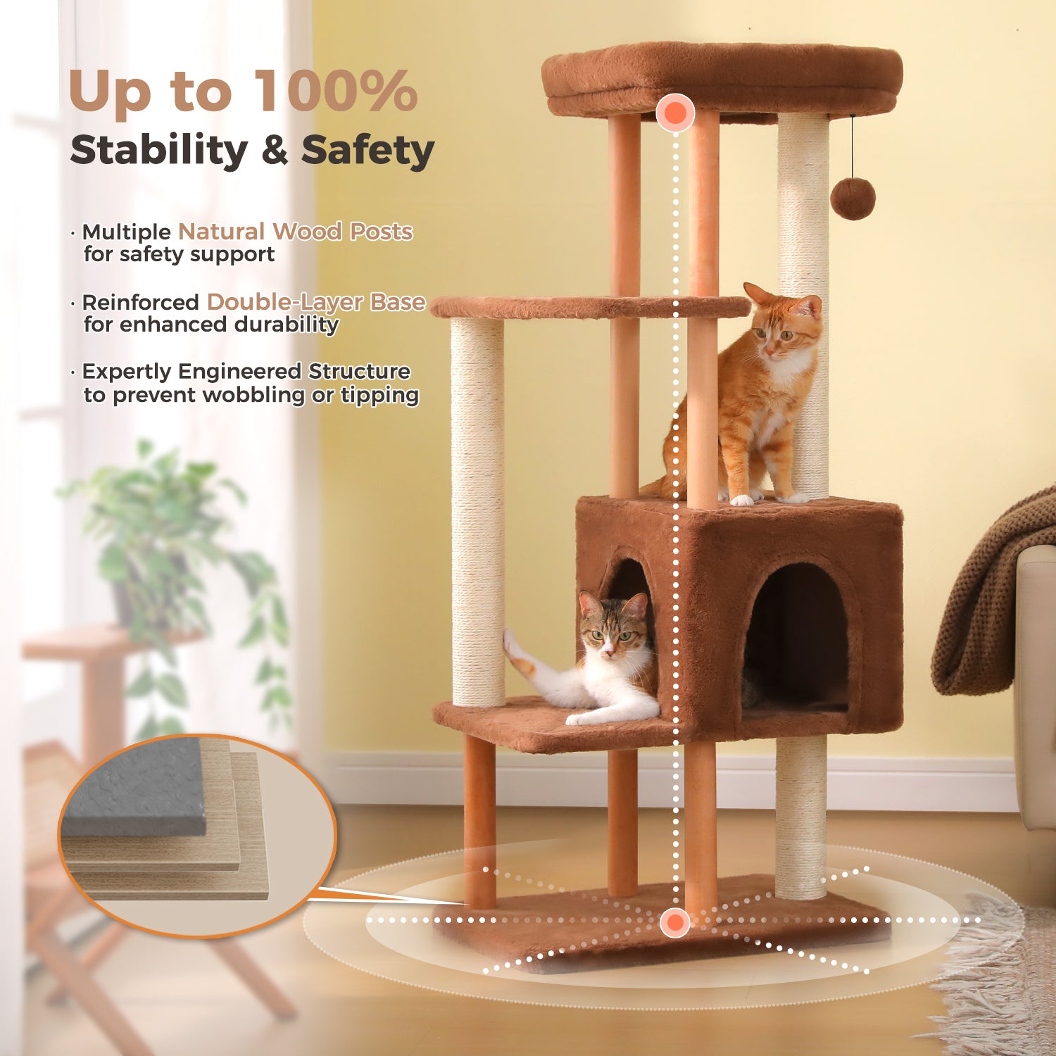 Stable wooden cat tree with natural wood support posts, tall sisal scratching posts, reinforced double-layer base, and large condo