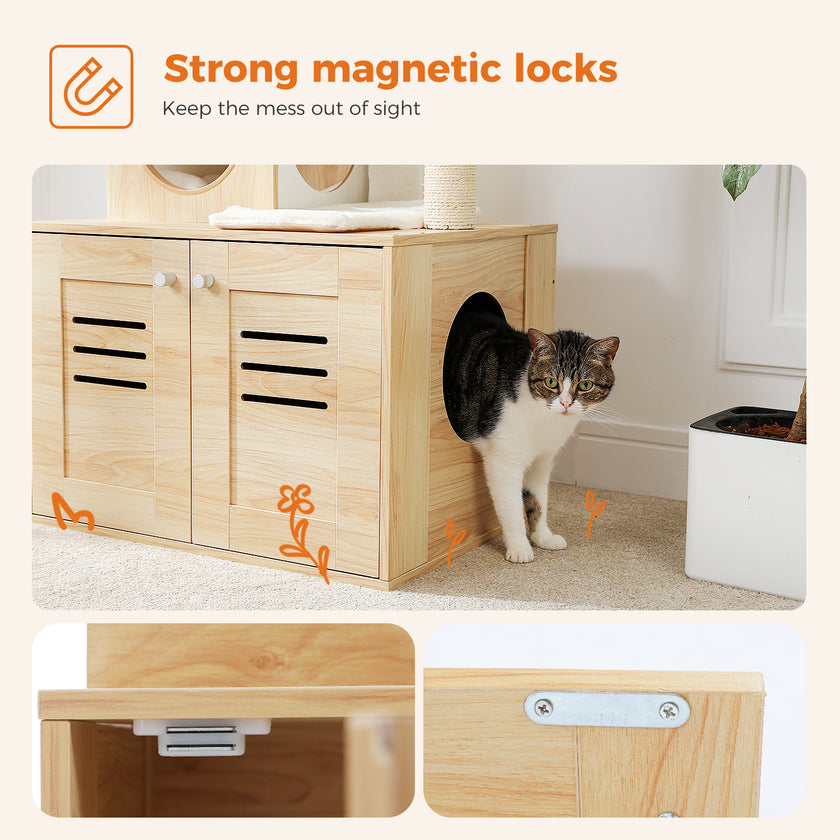 Modern Wooden Cat Tree Tower with Storage Base, Hammock & Dual Condos – Luxury Cat Furniture Canada