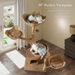 150 cm natural wood cat tree with woven basket beds, plush hammock, private condo, sisal scratching areas, and cats relaxing by a window