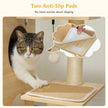 Cat on a wooden scratching post with two anti-slip pads and a hand holding one pad. Catopia Co. Canada cat tree. 