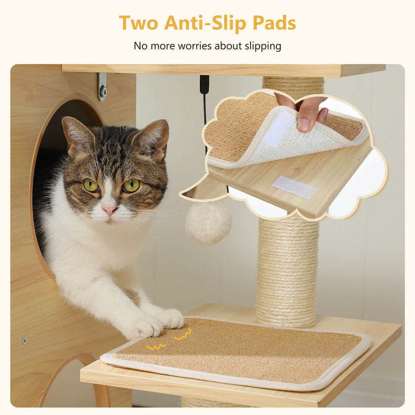 Cat on a wooden scratching post with two anti-slip pads and a hand holding one pad.