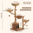 150 cm natural wood cat tree dimensions showing woven baskets, plush hammock, private condo, 60 cm base, and sisal scratching areas