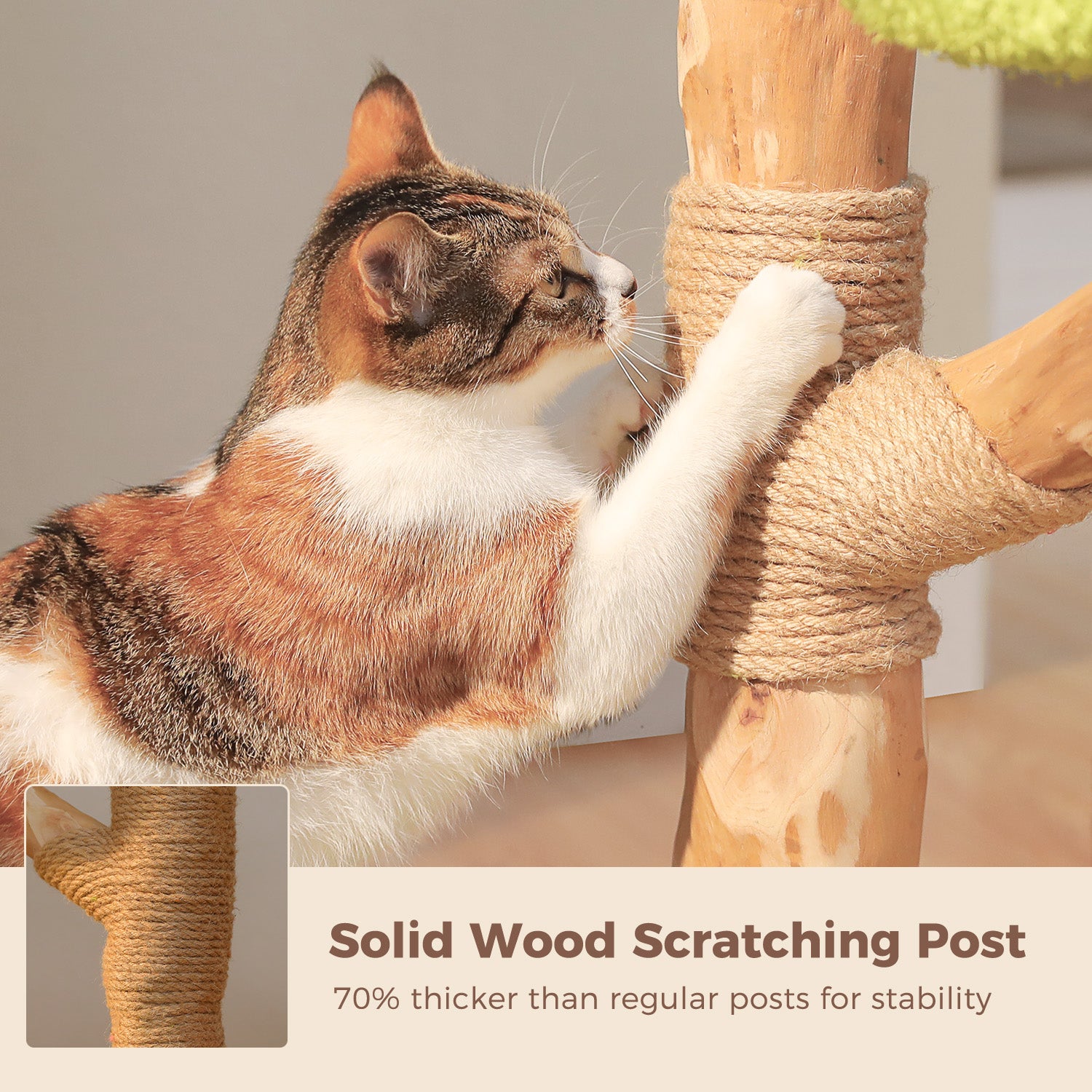Cat scratching the natural sisal-wrapped solid wood post on a flower-themed cat tree