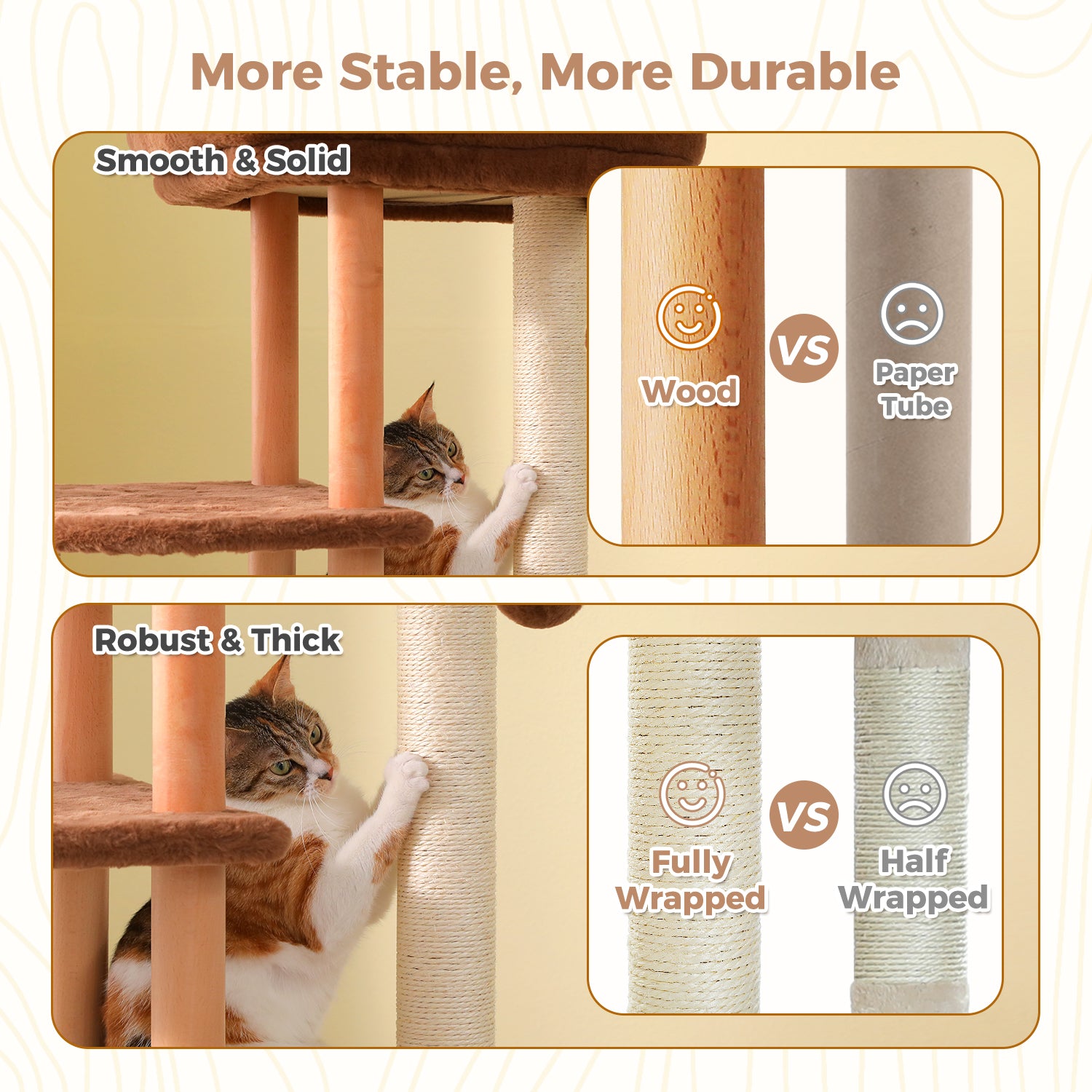 Close-up of natural wood support posts and fully sisal-wrapped scratching posts on a brown and beige cat tree