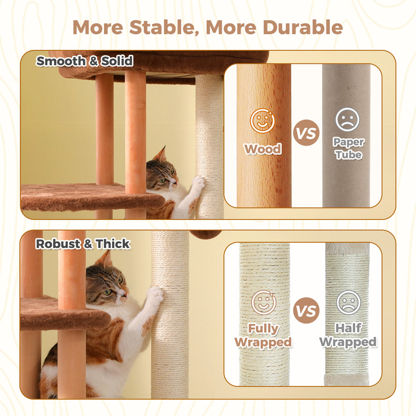 Close-up of natural wood support posts and fully sisal-wrapped scratching posts on a brown and beige cat tree