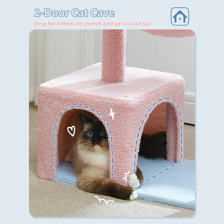 Pink 2-door cat cave with a cat inside on a light blue background