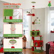 Red and green floor-to-ceiling Christmas cat tree with ceiling contact pad, anti-toppling strap, thick sisal post, and two private condos