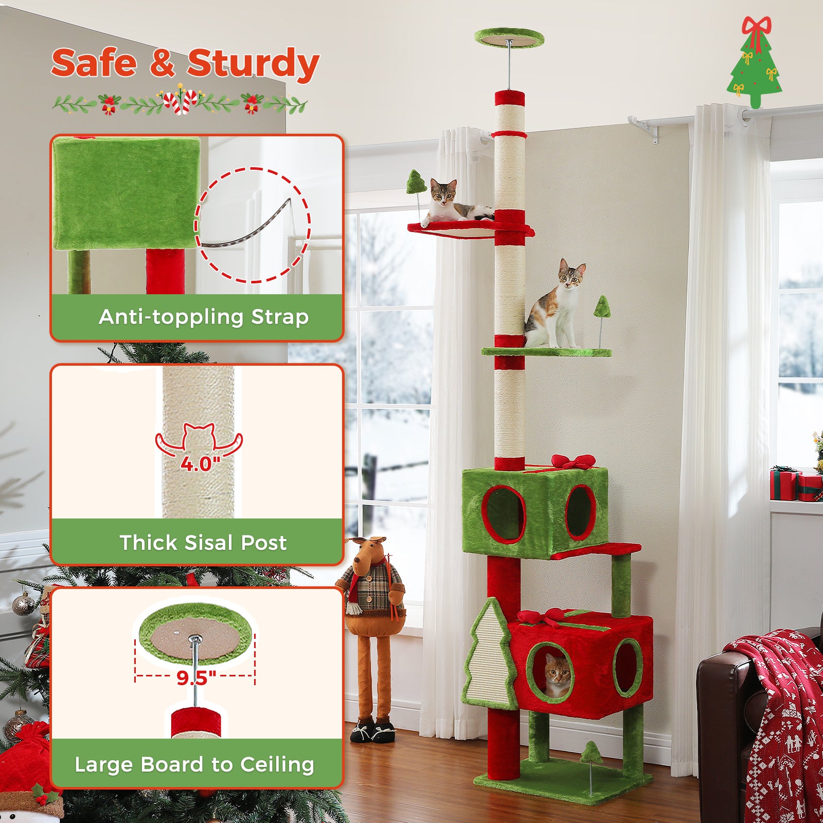 Red and green floor-to-ceiling Christmas cat tree with ceiling contact pad, anti-toppling strap, thick sisal post, and two private condos
