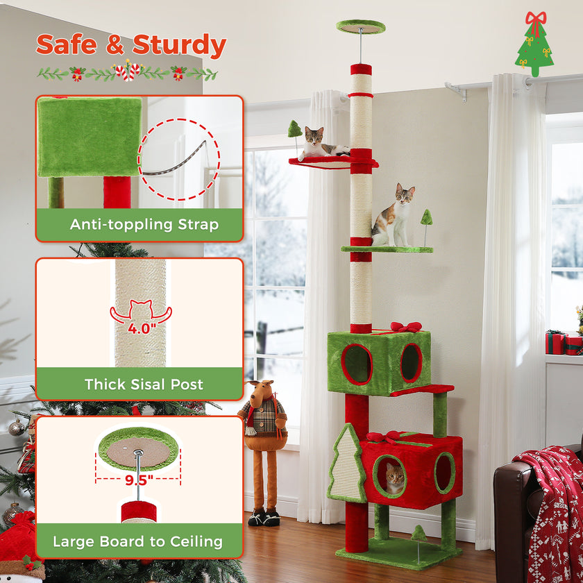 Red and green floor-to-ceiling Christmas cat tree with ceiling contact pad, anti-toppling strap, thick sisal post, and two private condos