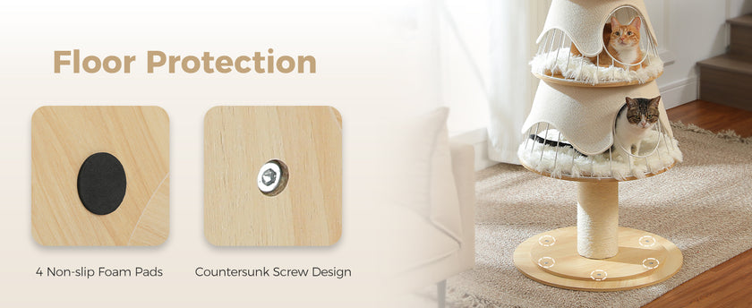 Wooden floor protection pads with non-slip foam pads and countersunk screw design, shown with a cat tree in a living room setting.