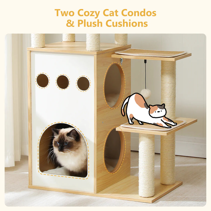 Cat play structure with cozy cat condos and plush cushions on a light background