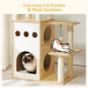 Cat play structure with cozy cat condos and plush cushions on a light background
