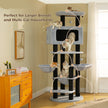 Black and grey 84-inch multi-level cat tree with condo, hammocks, top perch, and cats climbing at separate levels