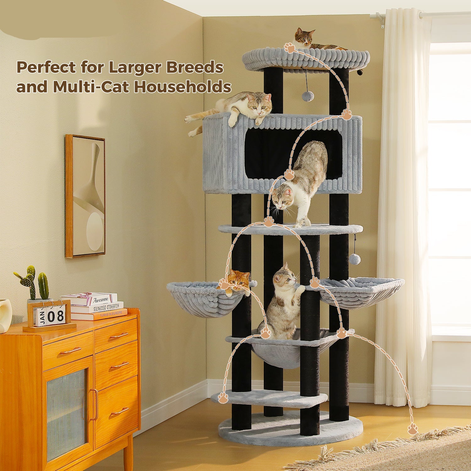 Black and grey 84-inch multi-level cat tree with condo, hammocks, top perch, and cats climbing at separate levels