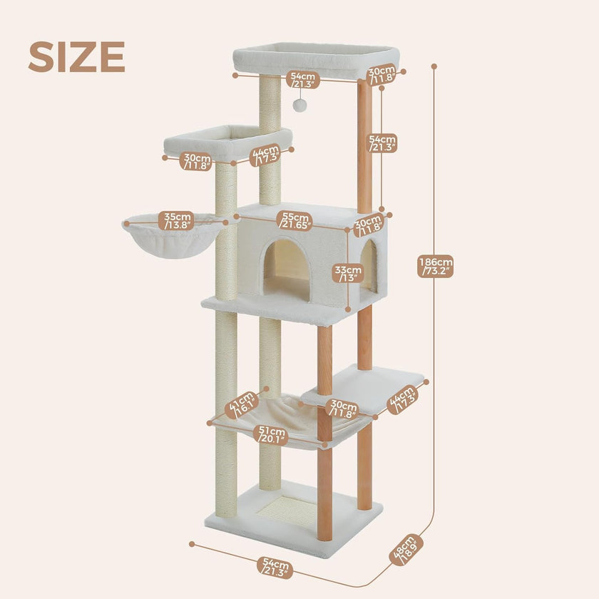Cat tree with dimensions labeled on a white background