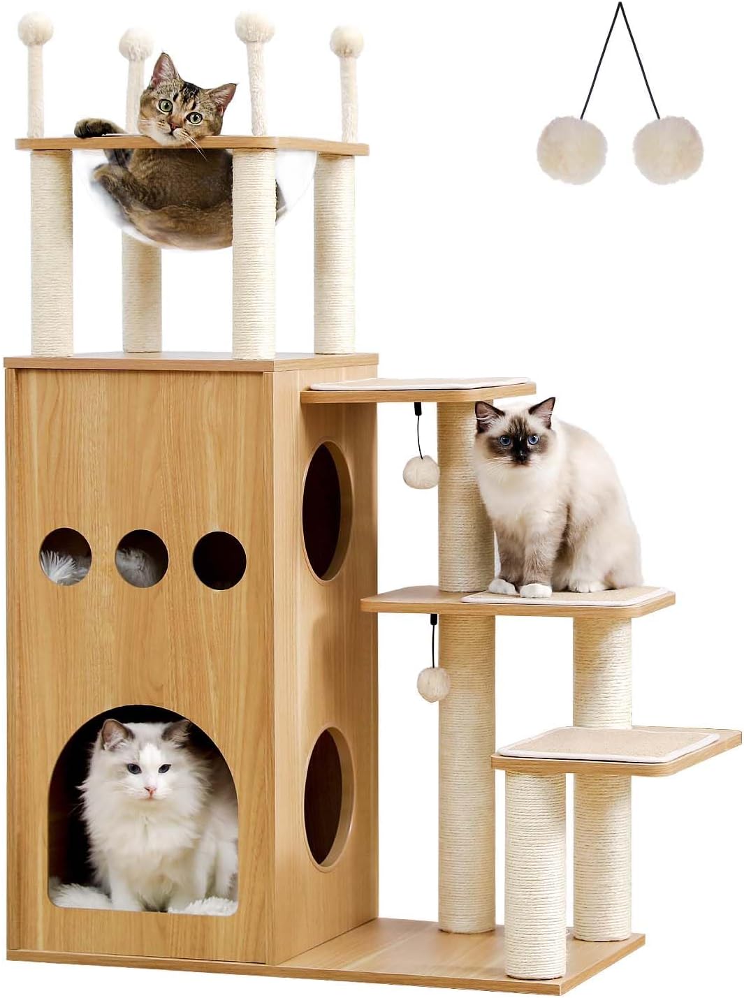 Cat tree with multiple cats on a white background