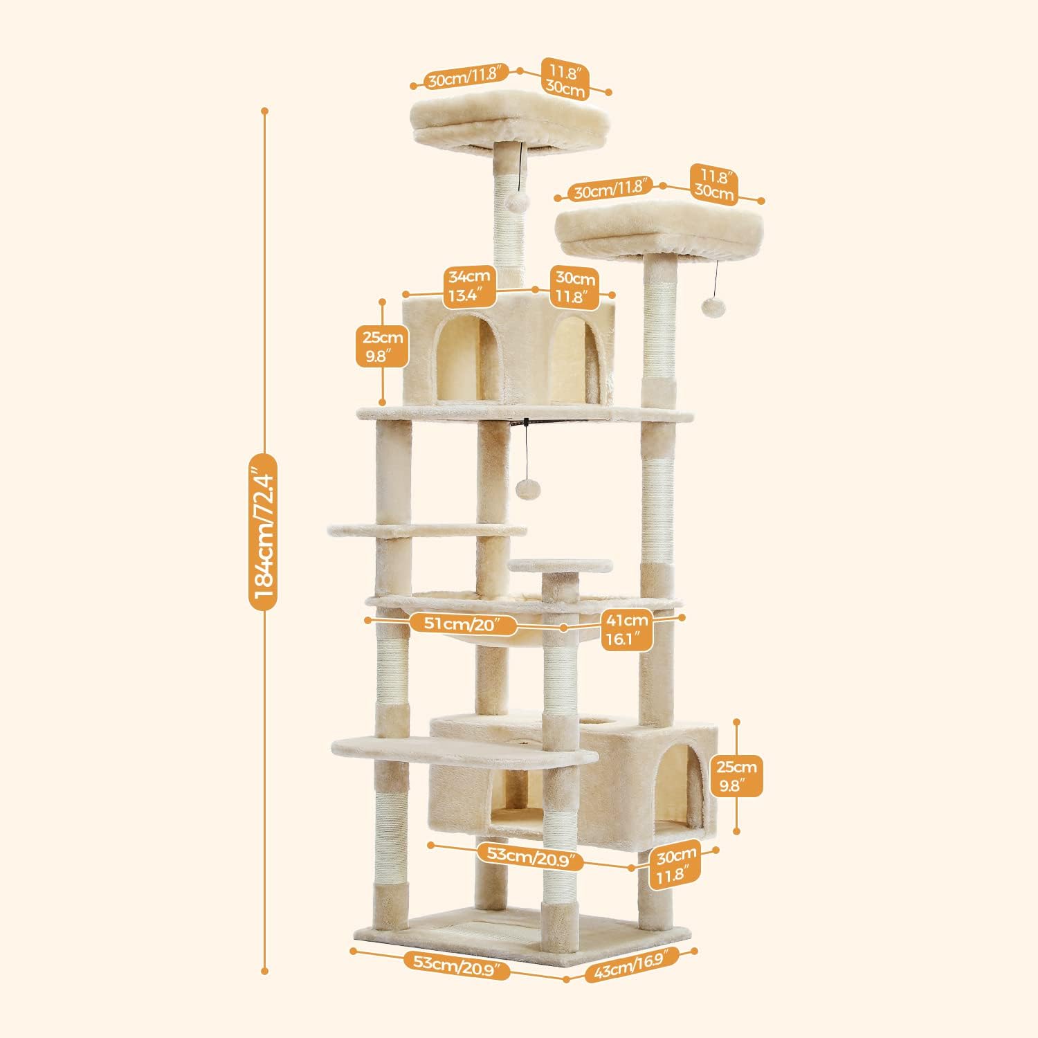 183cm Multi-Level Flower Cat Tree Large Cat Tower with Steel Frame Hammock and 7 Scratching Posts - Beige