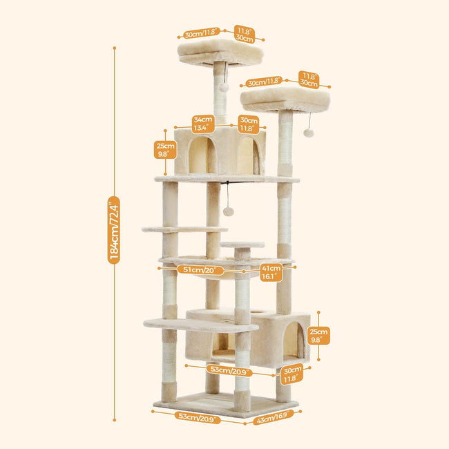 183cm Multi-Level Flower Cat Tree Large Cat Tower with Steel Frame Hammock and 7 Scratching Posts - Beige