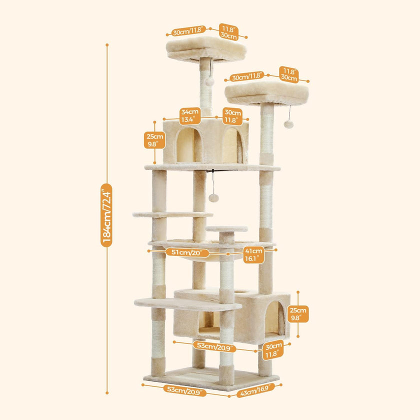 Cat tree with dimensions labeled on a white background