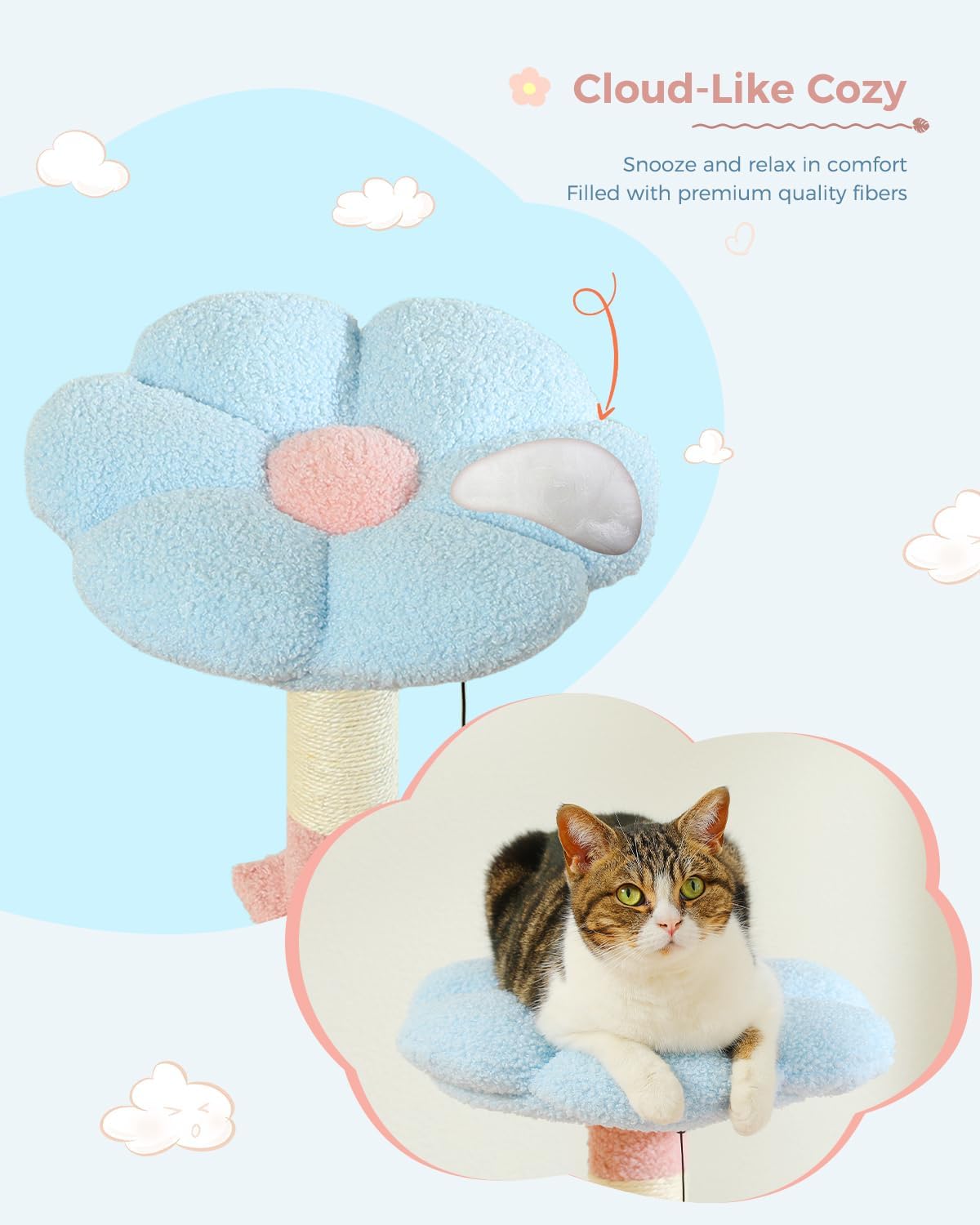 Side view of Catopia Co.'s pastel cat tree featuring increased stability with anti-tipping safety straps. This modern cat tower is a safe, stylish, and cozy structure for cats in Canadian homes. Ships only within Canada.