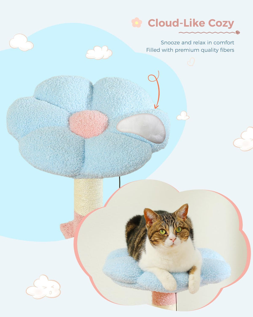 Cat lounging on a cloud-like cozy with a scratching post, labeled 'Cloud-Like Cozy'.
