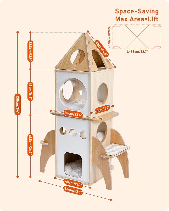 Measurement chart of a rocket ship wooden cat tree with dimensions labeled on a beige background