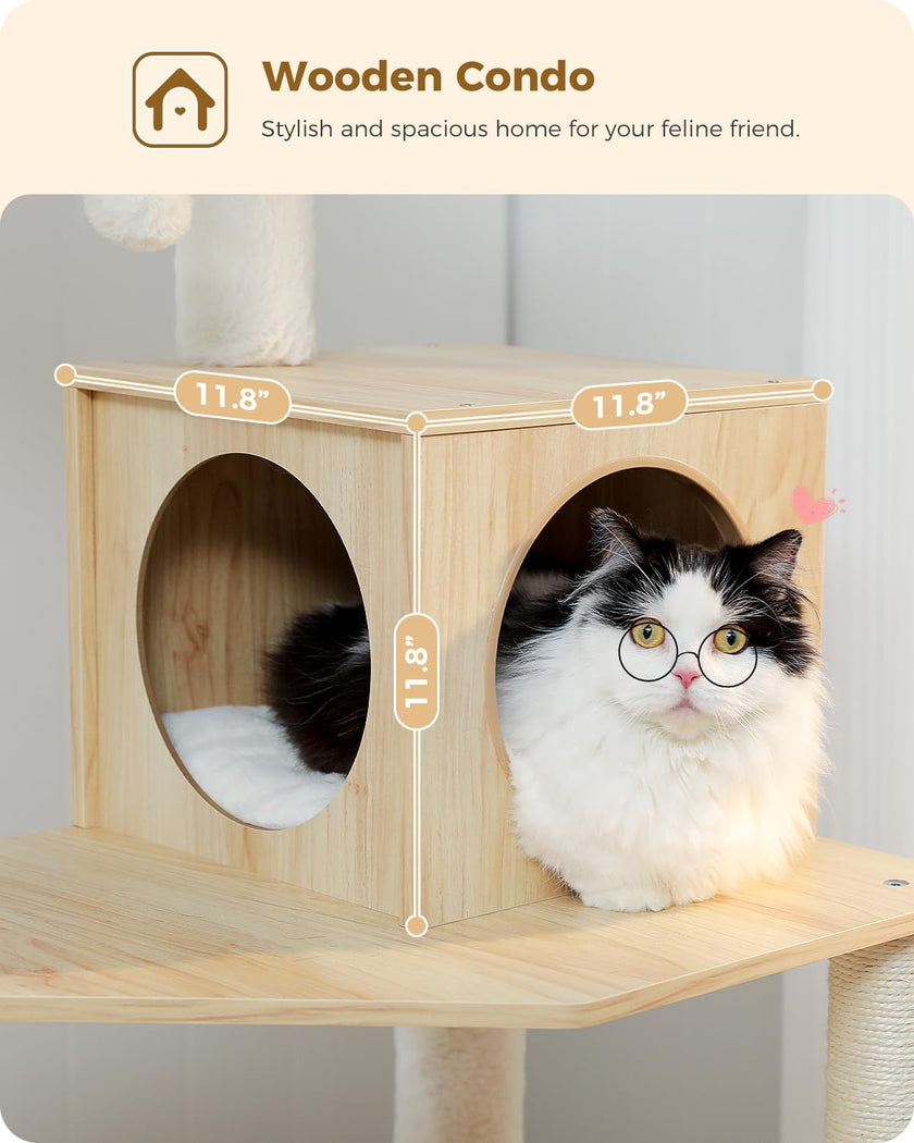 Wooden cat condo with a cat inside, featuring measurements and text about the product.