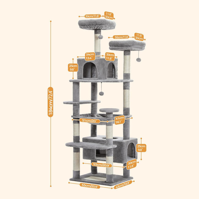 183cm Multi-Level Flower Cat Tree Large Cat Tower with Steel Frame Hammock and 7 Scratching Posts - Grey