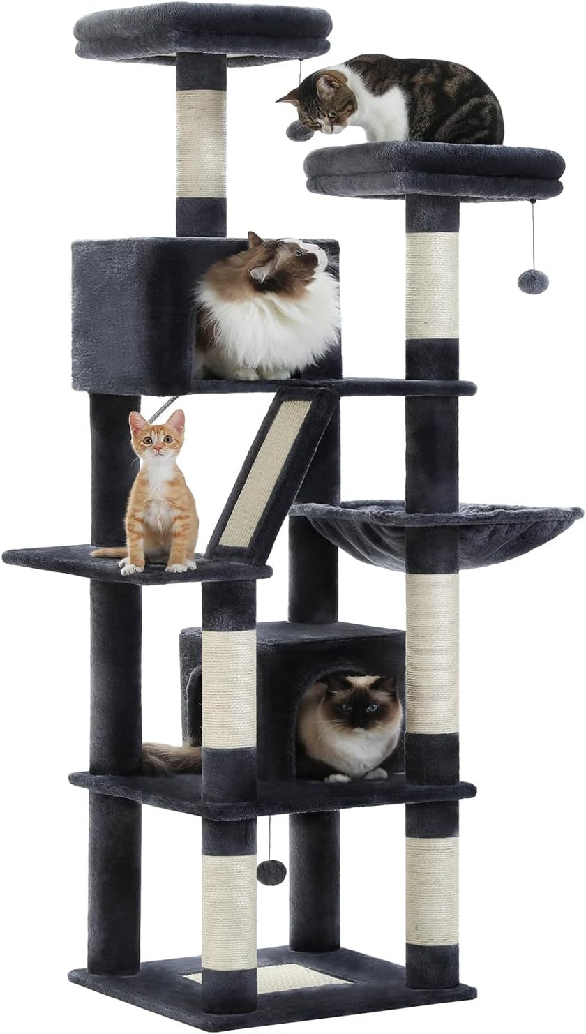 Cat tree with multiple levels and cats on a white background
