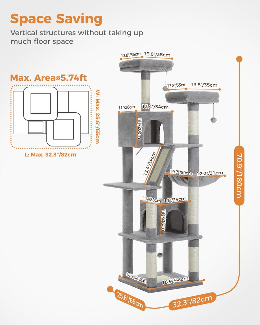 Gray cat tree with dimensions and space-saving features on a white background