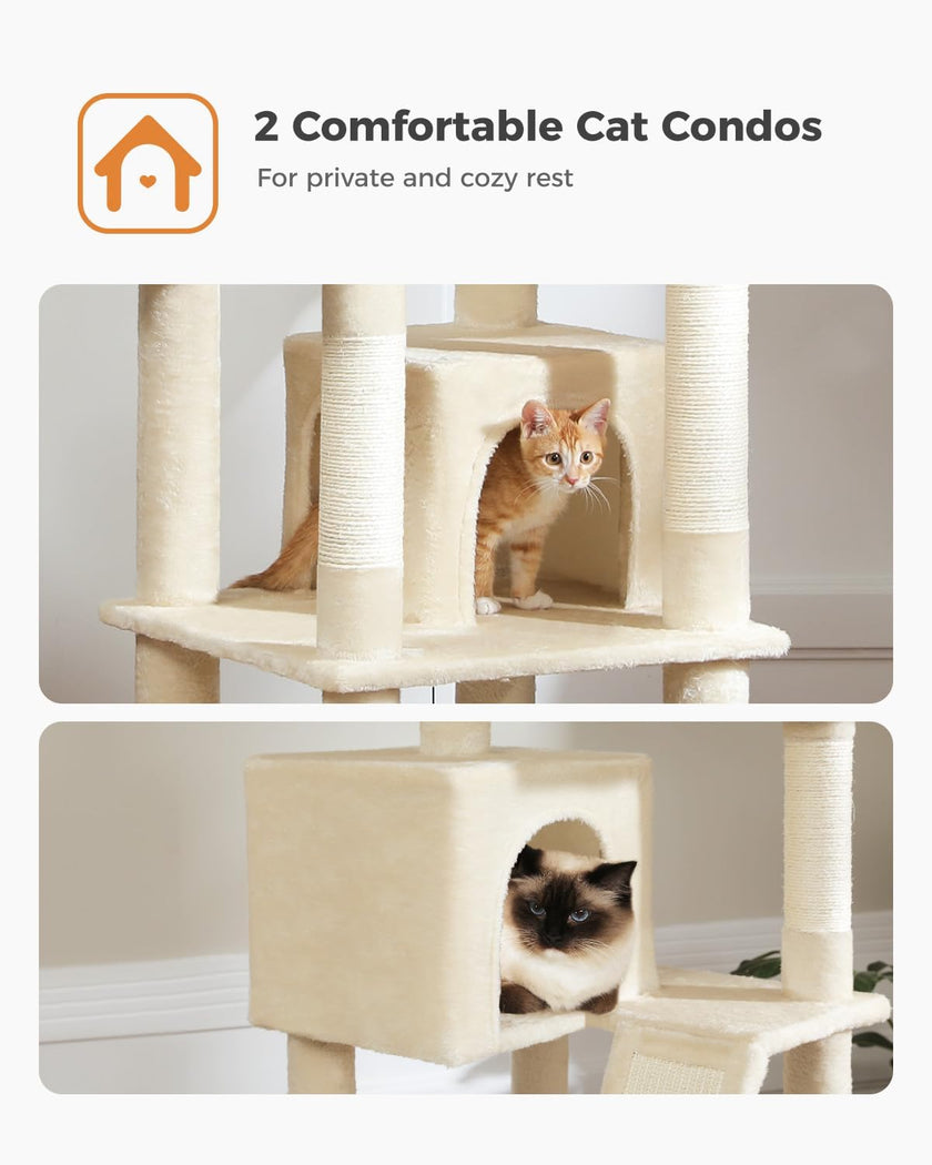Cat condo with two cats inside, labeled '2 Comfortable Cat Condos' on a white background.