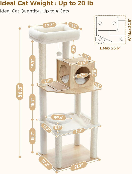 Cat tree with dimensions and ideal weight and quantity information on a white background
