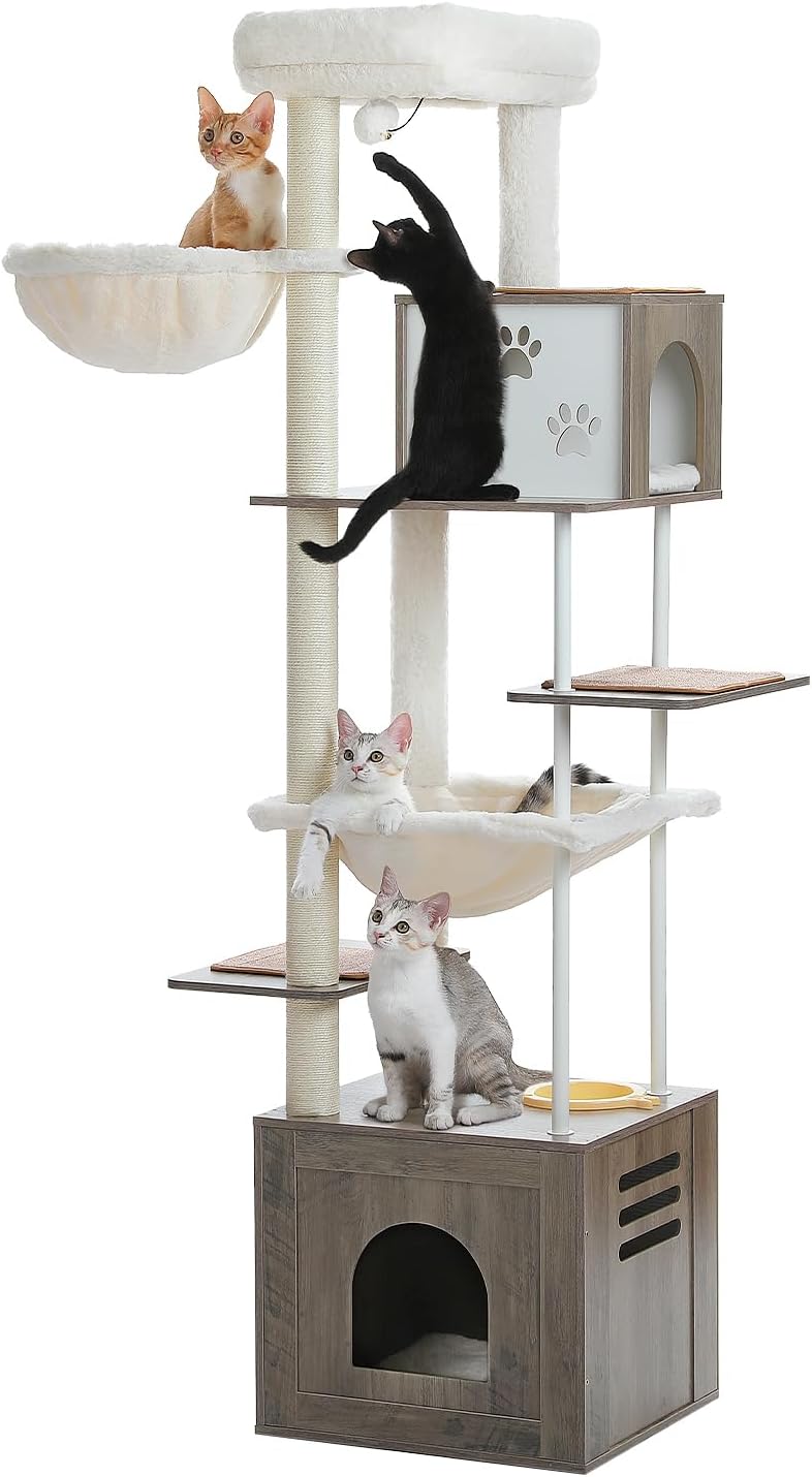 Cat tree with multiple levels and cat perches, featuring four cats on different levels.