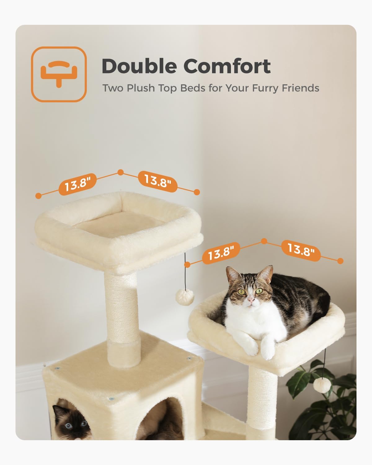 Double top plush beds on Catopia Co.’s stylish cream cat tree, offering cloud-like comfort and elevated rest. Aesthetic modern cat furniture for Canadian homes. Ships exclusively within Canada.