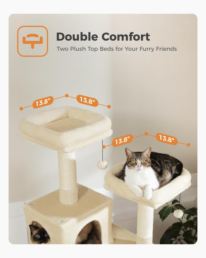 Cat tree with plush top beds for cats, labeled 'Double Comfort' with dimensions.