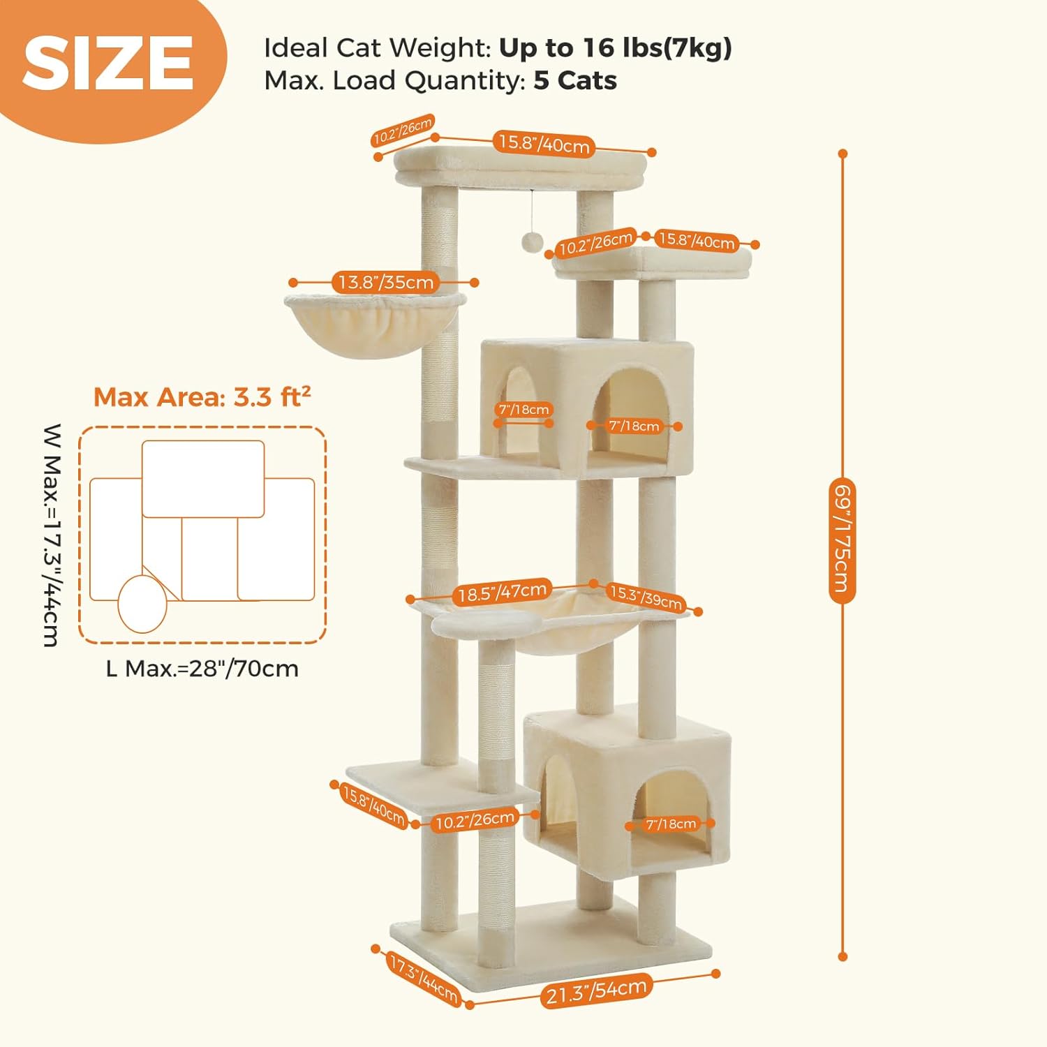 Detailed dimensions of Catopia Co. tall cat furniture: 175cm height, multiple condos, platforms, and hammocks. Modern cat tree Canada made for up to 5 cats. Canadian local business, ships only within Canada.