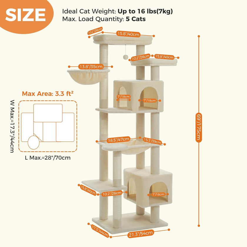 Cat tree with dimensions and weight capacity information on a white background