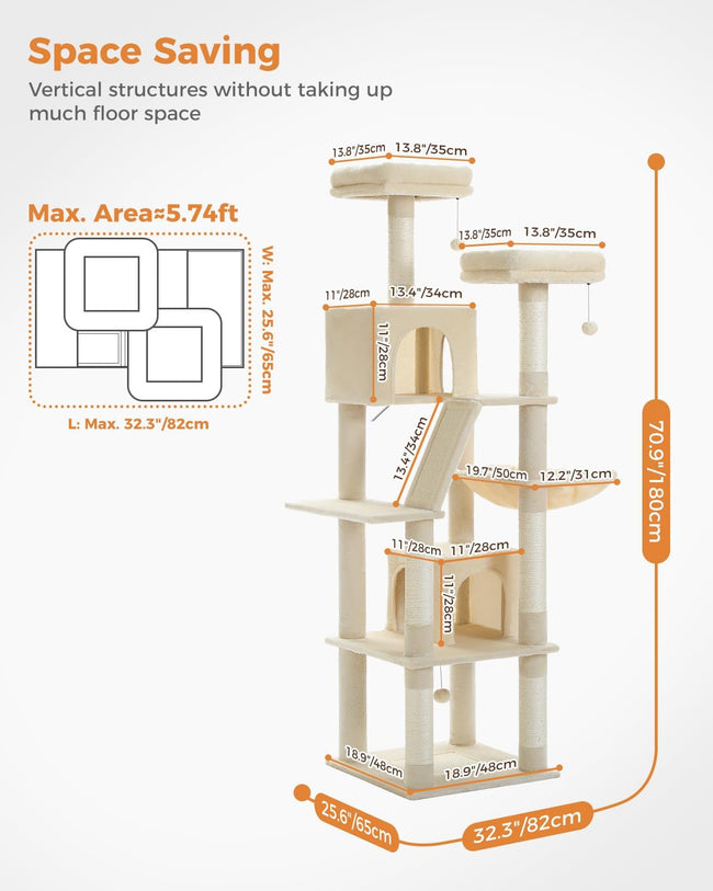 Catopia Co. 70.9” cream-coloured modern cat tree featuring a multi-level vertical design, two top plush beds, spacious condos, and sisal-covered posts. A perfect space-saving cat tower by a Canadian local business, ships only within Canada.