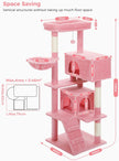 Detailed size guide of pink space-saving cat tree with multiple levels, hammock, and two cat condos – from Catopia Co., a Canadian local brand that ships only within Canada. Keywords: modern cat tower, space-saving cat tree, aesthetic cat tree Canada.