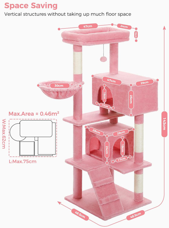 Detailed size guide of pink space-saving cat tree with multiple levels, hammock, and two cat condos – from Catopia Co., a Canadian local brand that ships only within Canada. Keywords: modern cat tower, space-saving cat tree, aesthetic cat tree Canada.