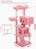 Detailed size guide of pink space-saving cat tree with multiple levels, hammock, and two cat condos – from Catopia Co., a Canadian local brand that ships only within Canada. Keywords: modern cat tower, space-saving cat tree, aesthetic cat tree Canada.