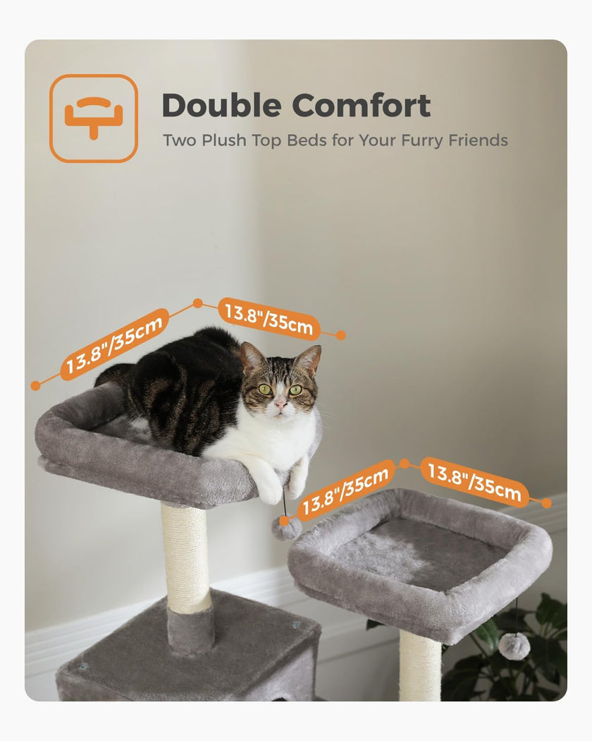 Cat tree with two plush top beds for cats, labeled 'Double Comfort' with dimensions.