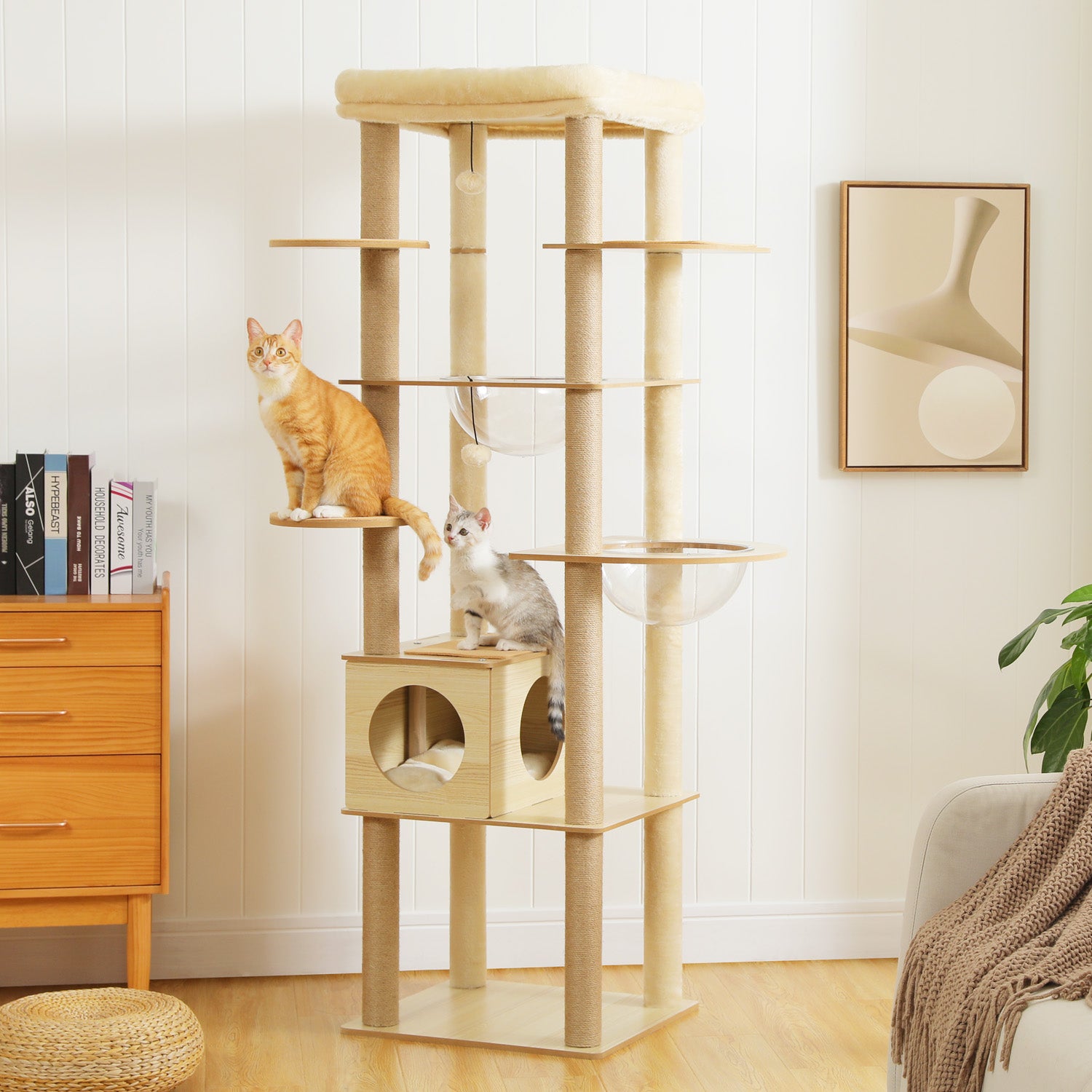 Modern Beige Wooden Cat Tree Tower with Acrylic Bowl & Cozy Top Bed – Luxury Cat Furniture Canada | Catopia Co.