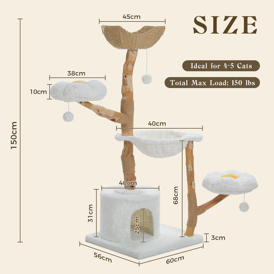 Measurement chart of a cat tree with dimensions and load capacity details.
