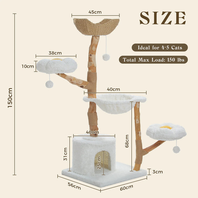 Measurement chart of a cat tree with dimensions and load capacity details.