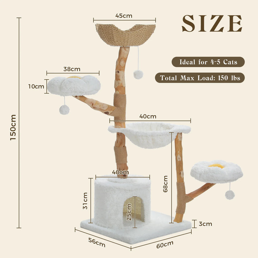 Measurement chart of a cat tree with dimensions and load capacity details.