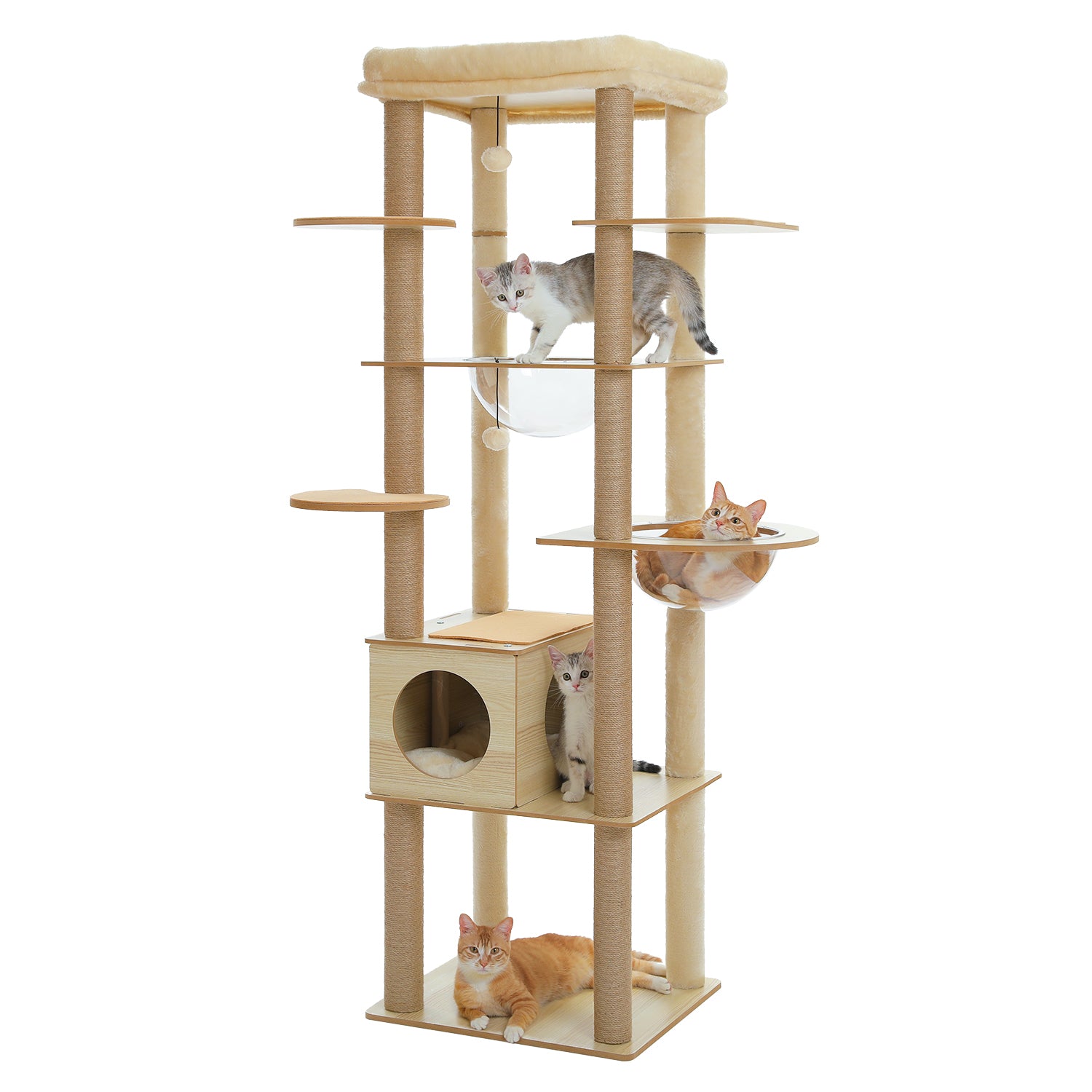 Modern Beige Wooden Cat Tree Tower with Acrylic Bowl & Cozy Top Bed – Luxury Cat Furniture Canada | Catopia Co.