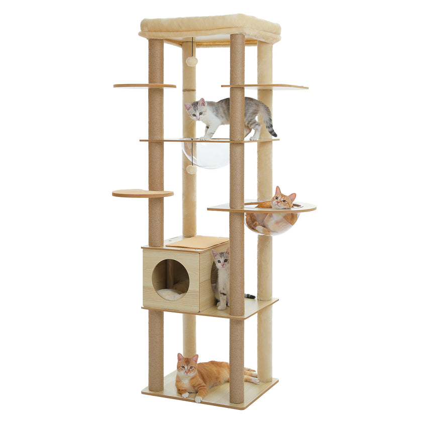 Modern Beige Wooden Cat Tree Tower with Acrylic Bowl & Cozy Top Bed – Luxury Cat Furniture Canada | Catopia Co.
